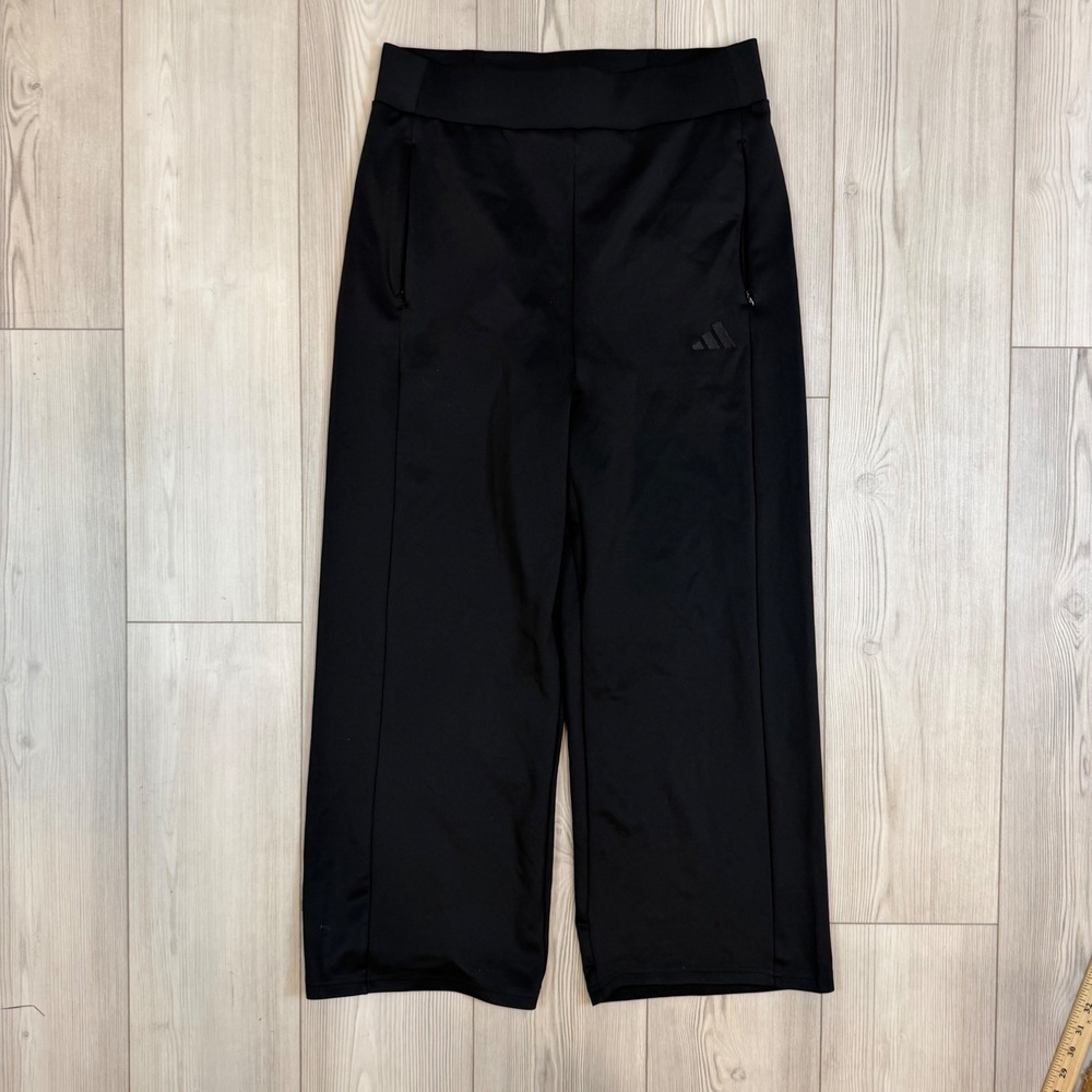 Adidas Womens Wide Leg Athletic Pants Black High Waist Zip Pockets JY9046 L